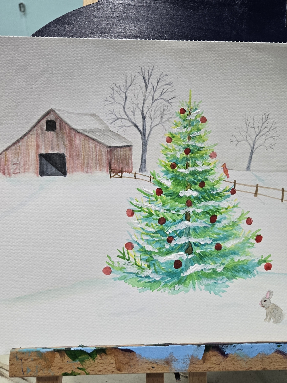 Holiday Pine Tree Art Watercolor Original - Green Christmas Tree with Ornaments
